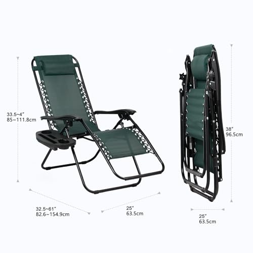 Nazhura Set of 2 Relaxing Recliners Patio Chairs Adjustable Steel Mesh Zero Gravity Lounge Chair Beach Chairs with Pillow and Cup Holder (Dark Green)