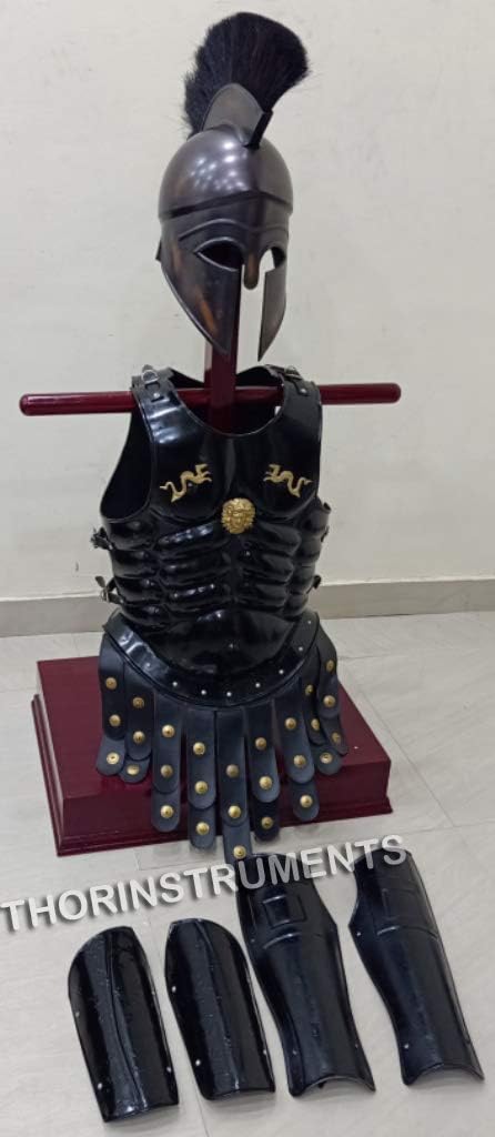 Medieval Armor Greek Corinthian Helmet W/Black Plume Muscle Jacket Leg ARM Guards & Spartan Shield Rustic Vintage Home Decor Gifts