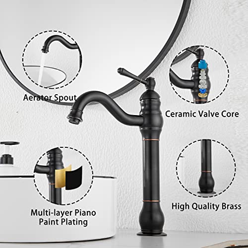 GGStudy 360° Swivel Antique Brass Bathroom Vessel Sink Faucet Single Handle One Hole Matching with Pop Up Drain