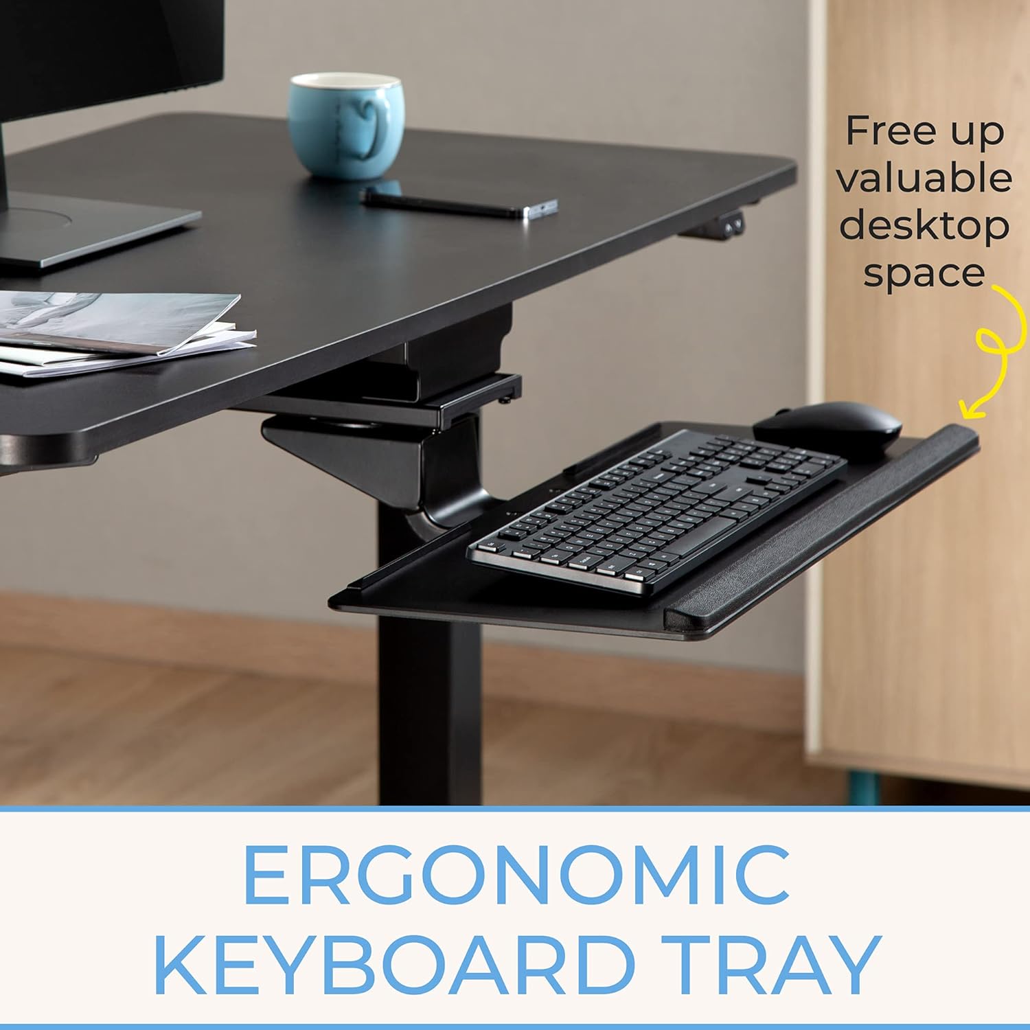 Stand Steady Under Desk Keyboard Tray | Adjustable Tilting Keyboard Shelf for Ergonomic Typing | Screw On Under Desk Storage with Cable Clips (26.5in x 10in / Black)