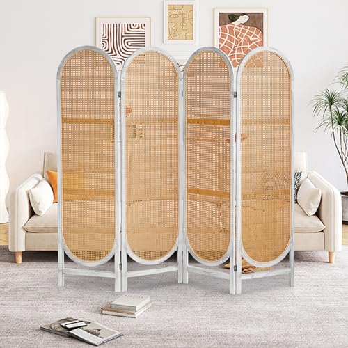 6 Panels Room Dividers and Folding Privacy Screens, Hand-Woven Rattan Room Divider Wall, Wood Room Divider Freestanding Room Partitions Screen for Home Office Bedroom, WhiteBrown
