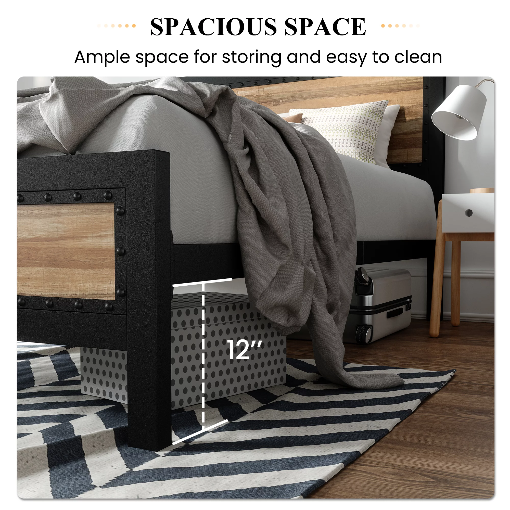 Sha Cerlin Queen Heavy Duty Metal Platform Bed Frame with Rivet Wood Headboard, Light Brown