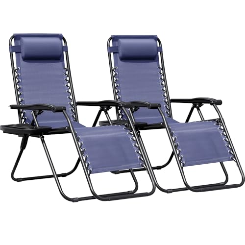 Greesum Zero Gravity Chairs Set of 2 Adjustable Steel Mesh Recliners Beach Deck Lawn Camping Patio Foldable Lounge Chair with Cup Holder Trays and Pillows,Brown