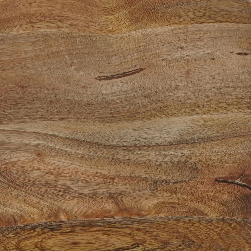 24 Inch Handcrafted Backless Barstool, Natural Brown Mango Wood Thick Saddle Seat, Black Iron Base