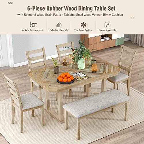 Merax 6-Piece Rubber Wood Dining Table Set with 4 Cushioned Chairs and Bench, Beautiful Grain Pattern Tabletop, Light Gray