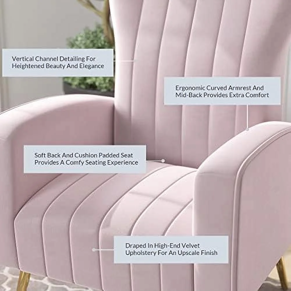 TJUNBOLIFE Velvet Accent Chairs for Living Room  Modern Upholstered Wingback Vanity Chair Arm Chair Mid-Back Single Sofa with Metal Legs  Armrests for Living Room Bedroom- Kinsley (Pink)