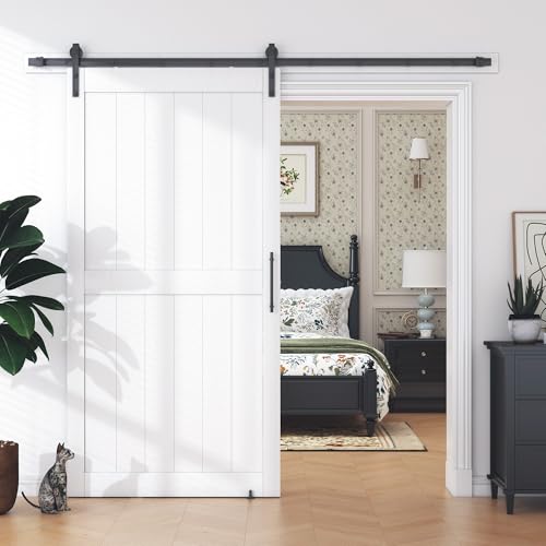 36 in x 84 in White Sliding Barn Door with 6FT Hardware Kit, Floor Guide and Handle Included, Waterproof PVC Surface, Pre-Drilled Holes Easy Assembly, H-Frame White