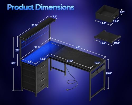 MOTPK L Shaped Gaming Desk with Shelf & 4 Drawers, 43