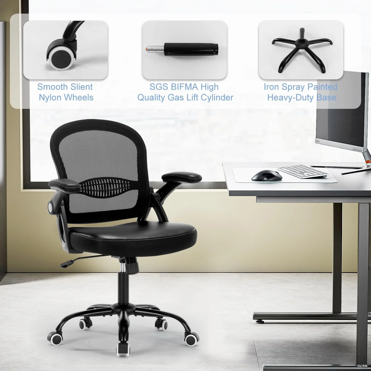 Office Chair Ergonomic Desk Chair Adjutable  Office Chair Mesh Office Chairs Swivel Computer Chair Flip-up Armrests Executive Task Chair Black