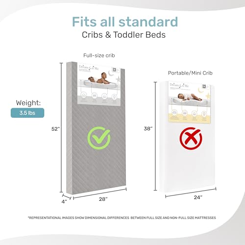 Dream On Me Asheville 4” Firm Fiber Crib And Toddler Mattress | Waterproof | GreenGuard Gold Certified | Dual-Sided Mattress | Grey Embossed Cover | Lightweight Reversible Design