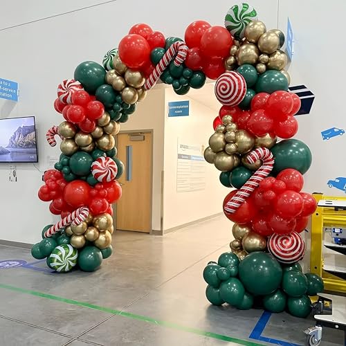 Christmas Balloon Garland Arch kit, Red Green Gold Balloons, Candy Cane Foil Balloons for Xmas Christmas Party Decorations