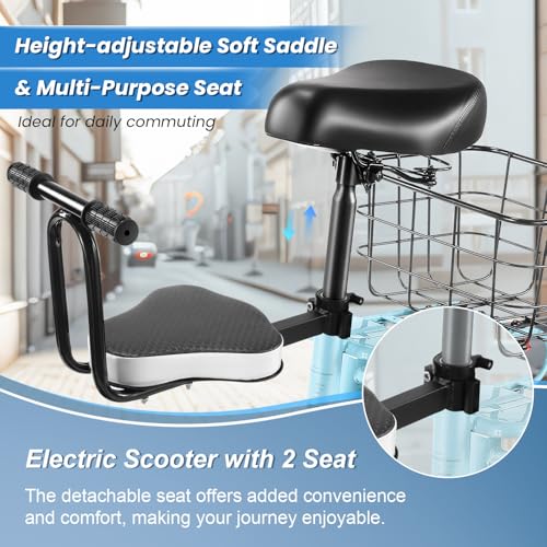 Caroma Peak 500W/800W/1200W Electric Scooter with Seat, 30 Miles Max Range Electric Scooter Adults&Teens, 48V Large Battery, 20MPH Top Speed Foldable Ebike, Adjustable E-Bike with Basket&Kid Seat