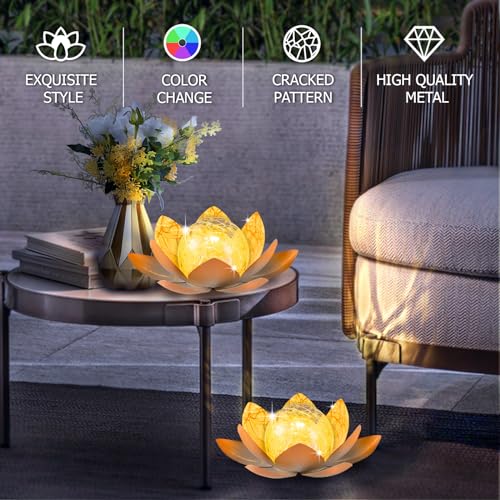 Garden Solar Light Outdoor(2Pack), Amber Crackle Globe Glass Lotus Decoration, Waterproof Gary Metal LED Flower Lights for Patio,Lawn,Walkway,Tabletop, Garden Gifts for Women