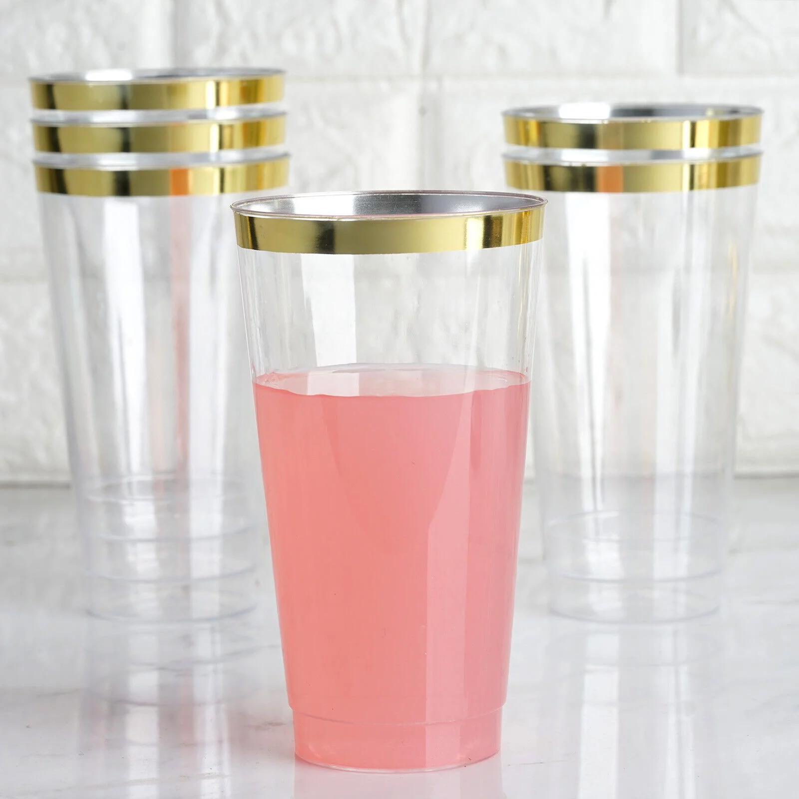 18 oz Clear with Gold Rim Plastic Cocktail Disposable Glasses TABLEWARE Party