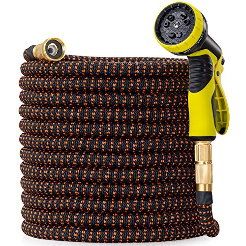 50 ft Expandable Garden Hose - Upgraded Flexible Water Hose 50ft with 10 Pattern Spray Nozzle, 3/4 Solid Brass Connectors, Retractable Latex Core - Lightweight Expanding Hose