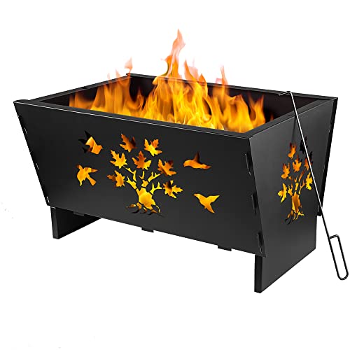 Fire Pit,Wood Fire Pits,Bonfire Pit,Fire Pits for Outside,28 Inch Rectangle Cast Iron Fire Pit for Patio,Backyard with Fire Poker and Metal Grate,Tree Cutout Pattern