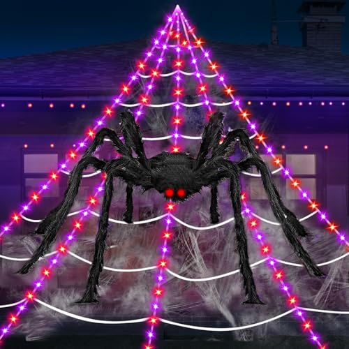 Halloween Decorations Outdoor Spider Web Lights, 23Ft 350 LED Light up Spider Web with 6.6Ft Giant Spider, 8 Modes Waterproof Timer Spiderweb Lights for Garden ＆ Haunted House Decor, Purple