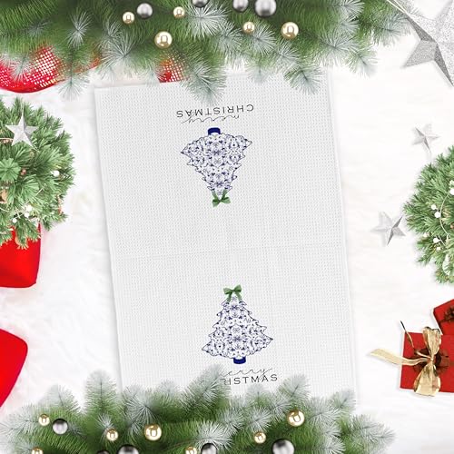 Chinoiserie Christmas Kitchen Towels Set of 4, Christmas Dish Hand Tea Towels for Kitchen, Blue and White Chinoiserie Decor for Bathroom Kitchen, Xmas Decorative Kitchen Towel, 16x24inch