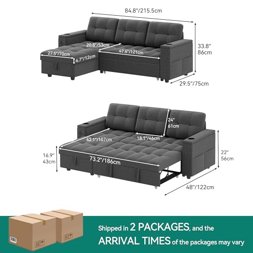 YITAHOME Sectional Sofa L-Shaped Sofa Bed w/Chaise & USB, Reversible Couch Sleeper w/Pull Out Bed & Storage Space, 4-seat Pull Out Couch for Living Room Dark Gray