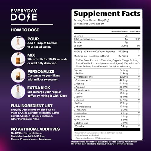 Everyday Dose Premium Adaptogenic Mushroom Coffee with Grass-Fed Collagen, Chaga, Lions Mane & L-Theanine for Better Focus, Energy, Digestion, Skin, and Immunity 30 Servings