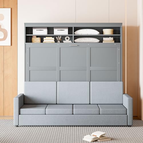 Harper & Bright Designs Queen Size Murphy Bed with Cushion and Storage Shelves, Wood Queen Platform Bed with Sofa, Wall Bed, Hidden Foldable Bed Frame for Home Office or Small Room,Gray