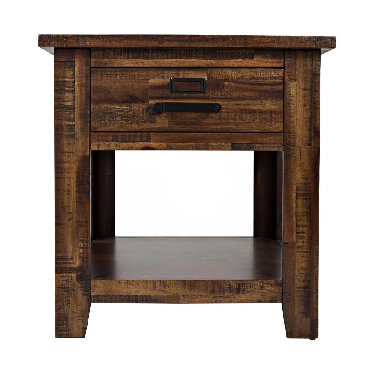 End Table with 1 Drawer and Plank Style, Rustic Brown- Saltoro Sherpi