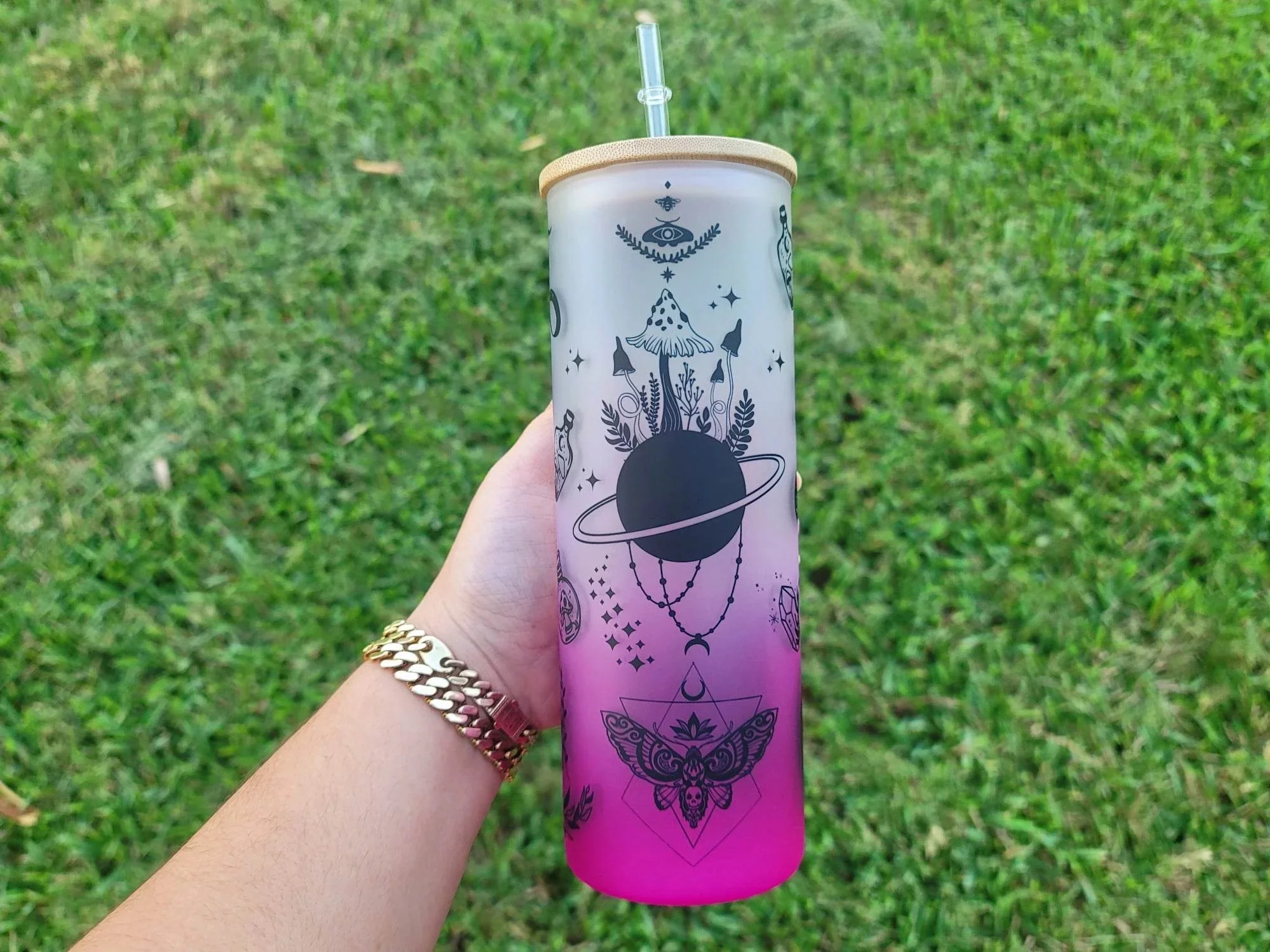 Mushroom Beer Can Glass | Boho Moth Coffee Glass | Aesthetic Coffee Glass | 24 oz