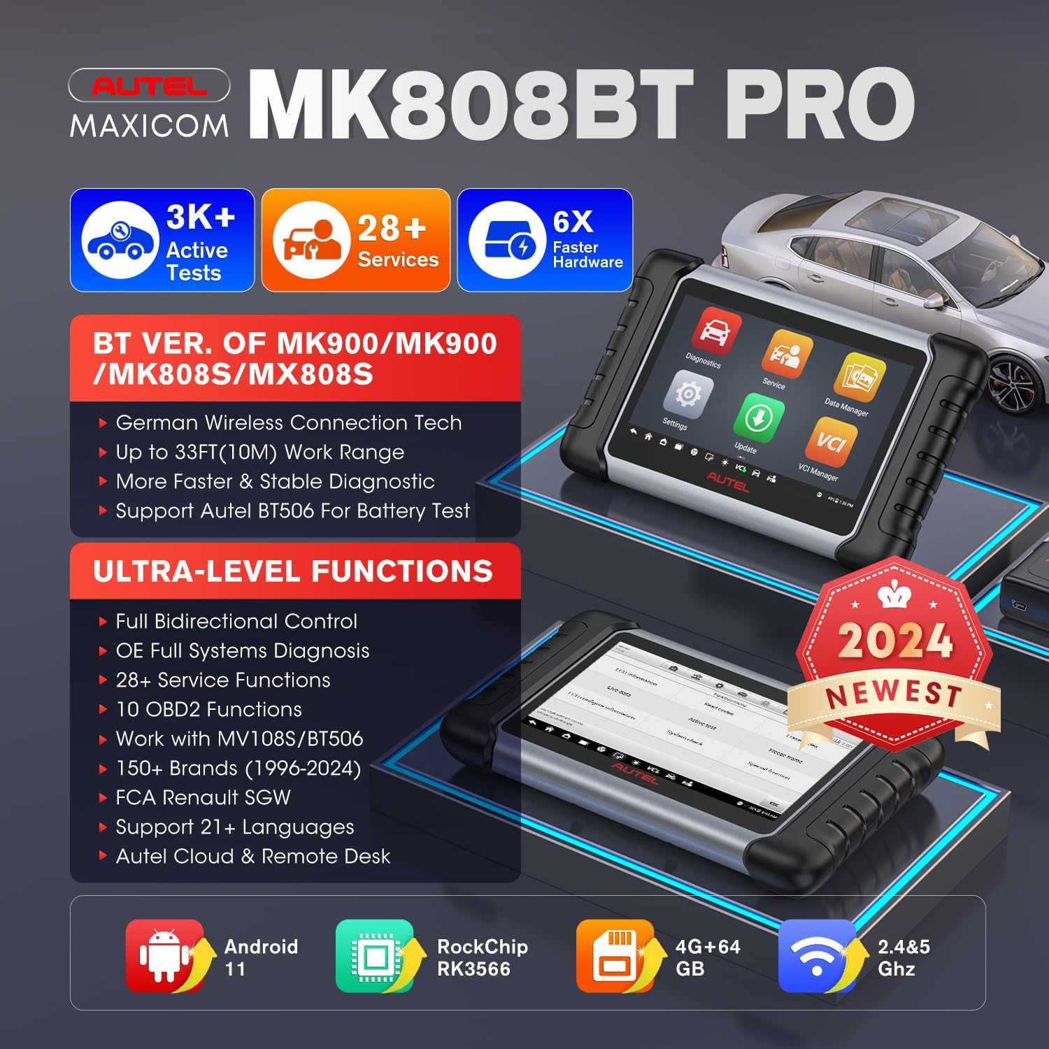 Autel MaxiCOM MK808BT PRO: 2024 Bidirectional Tool Up of MK900/ MX900/ MK808S/ MK808BT/ MaxiCheck MX808S/ MK808Z, 3K+ Active Tests as MK900BT, OE Full Sys, 28+ Services, OS 11, FCA SGW, Support BT506
