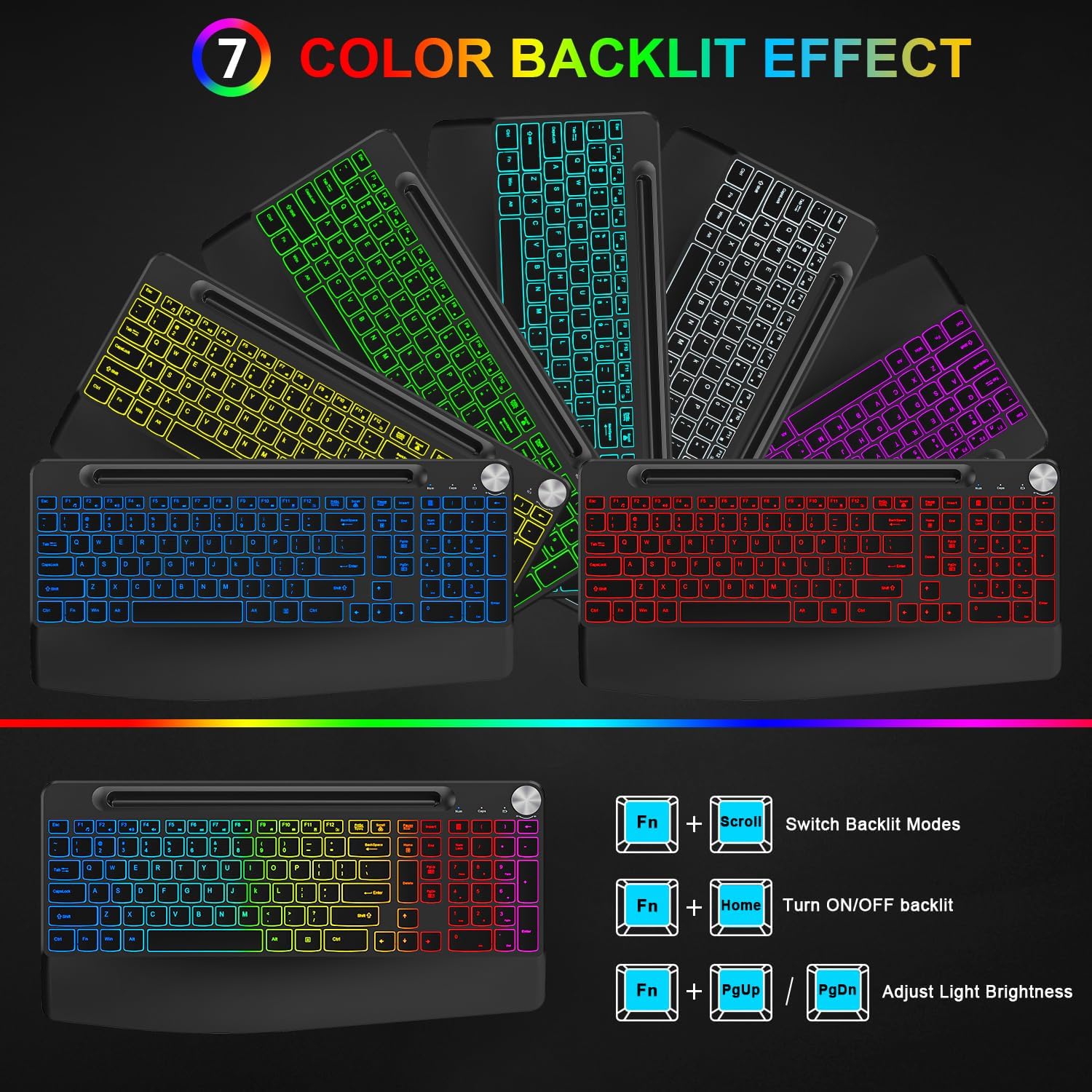 Wireless Keyboard and Mouse Combo Backlit, 2.4G Rechargeable Ergonomic Gaming Keyboard with Wrist Rest, Phone Holder, Volume Knob, Silent Light Up Keyboard with Mouse for Computer Laptop