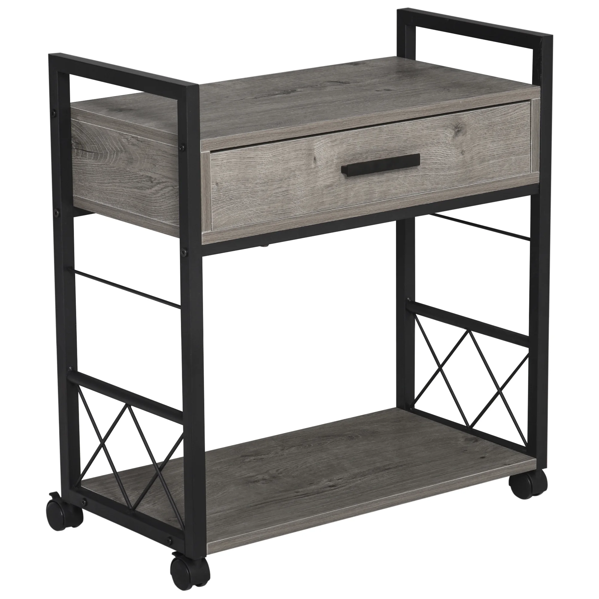 HOMCOM Industrial End Table with Drawer and Bottom Shelf, Mobile Side Table with 4 Wheels for Living Room, Bedroom, Grey