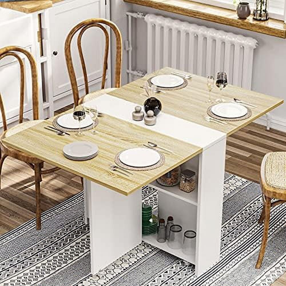 RUNFAYBIU Folding Dining Table with 6 Casters  Drop Leaf Dining Table with  Shelves  Folding Kitchen Table for Small Apartments  Pear Wood Color and White