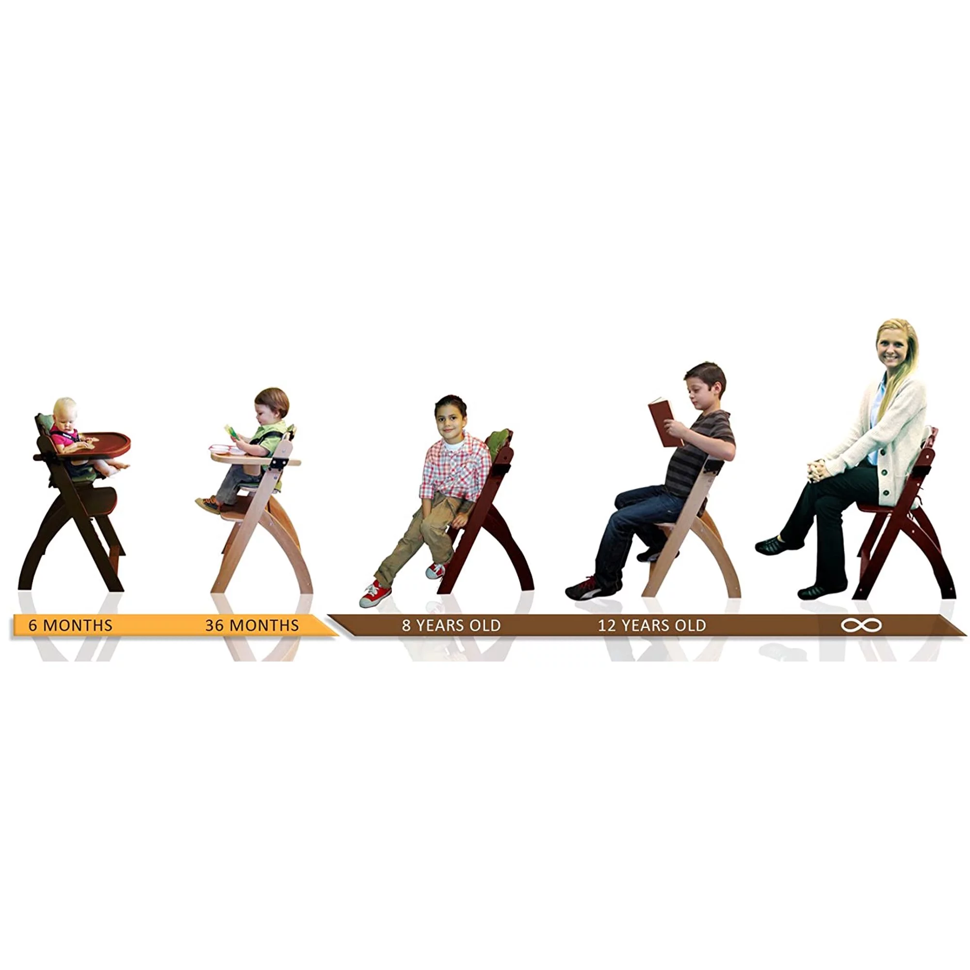 Abiie Beyond Wooden High Chair with Tray. The Perfect Adjustable Baby Highchair Solution for Your Babies and Toddlers or as a Dining Chair. (6 Months up to 250 Lb) (Natural Wood - Black Cushion)