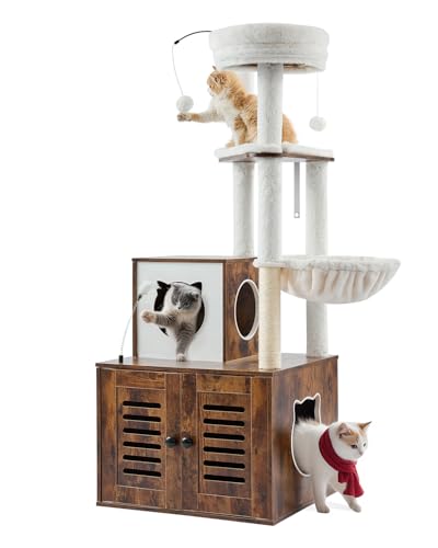 VEVOR Large Cat Tree with Litter Box Enclosure, 55.12 inches Tall, 2-in-1 Cat Tower, Multi-Level Cat Condo Furniture with Perches, Sisal Scratching Posts, Hammock, Big Kittens House for Indoor Cats