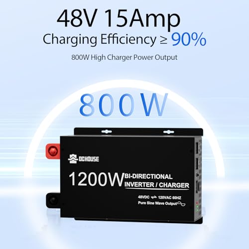 DC HOUSE 48V 15A Lithium Battery Charger, 800W Lifepo4 Battery Charger, 1200W Pure Sine Wave Inverter with 2 AC Outlets,3 LED Indicator, Cooling Fan,Suitable for 48V Golf Cart/Solar System