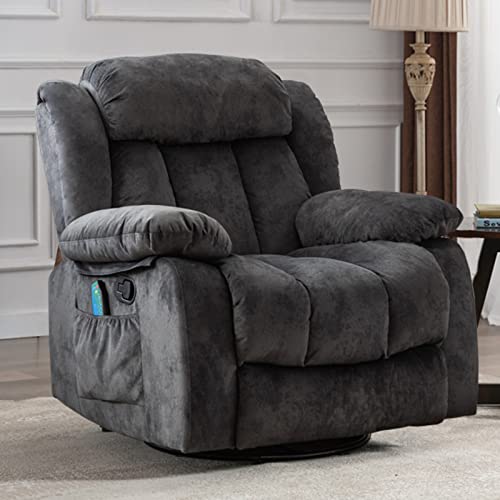 INZOY Massage Swivel Rocker Recliner with Heat and Vibration, Manual Rocking Recliner Chair with Vibrating Massage, Comfy Padded Overstuffed Soft Fabric Heated Recliner, Brown