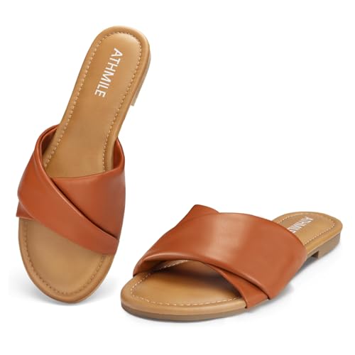 ATHMILE Sandals Women Dressy Summer Flat Comfortable Fashion Beach Cute Ladies Slides Leather Casual Dress Women's Sandals 2025 Size 6-11