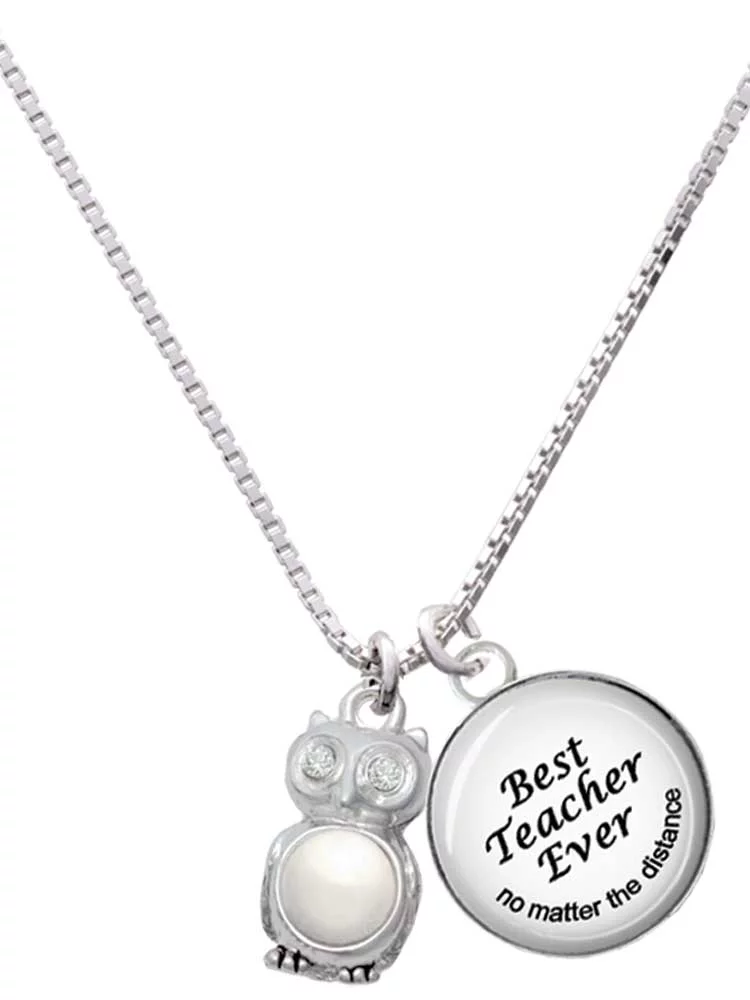 Delight Jewelry Silvertone 3-D Imitation Pearl & Clear Crystal Owl Dome Best Teacher Ever Charm Necklace