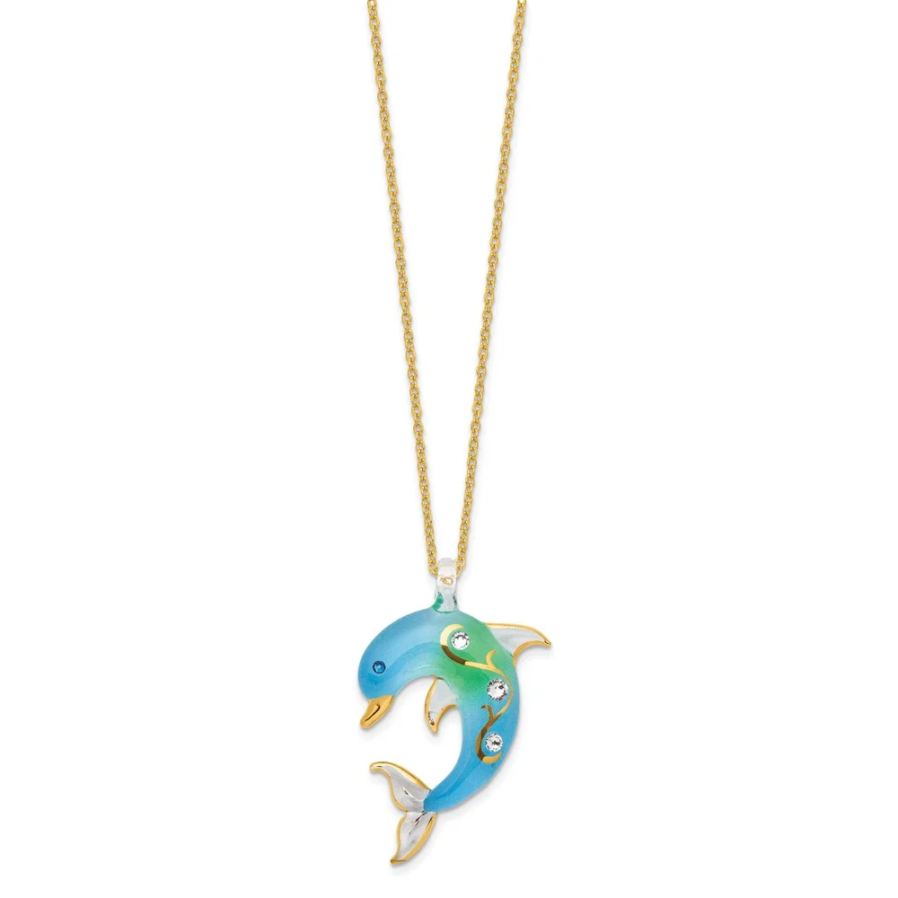 Glass Baron 22K Gilding Accent Gold-trim Turquoise Glass with Crystal from Swarovski Accent Dolphin 18 inch Gold-tone Necklace QGM9398