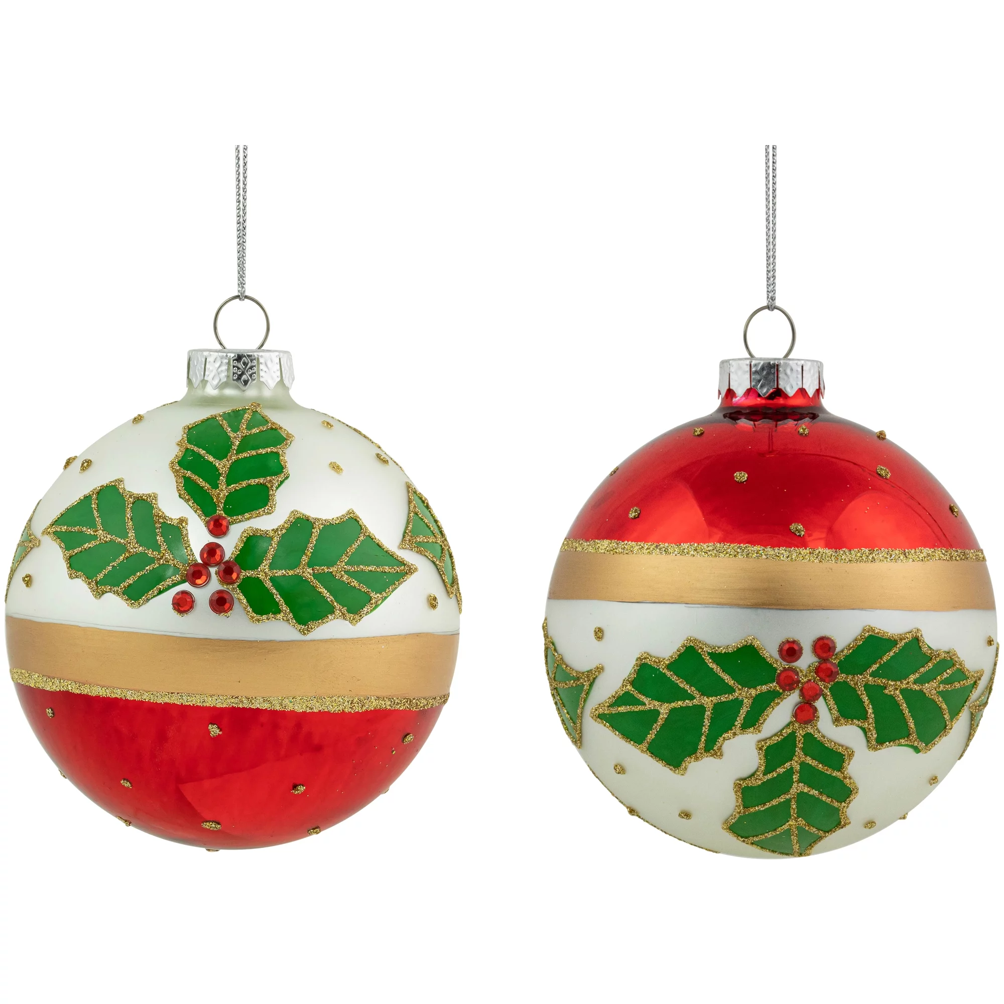 Set of 2 Holly and Berries Glittered Christmas Glass Ball Ornaments 4