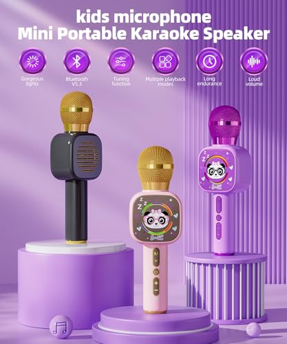 Bluetooth Karaoke Microphone Toy for Kids - Mini Portable Speaker with LED Lights, Wireless Pairing (TWS) for Duet Singing, Christmas Birthday Gift Toys for Boys & Girls Ages 2-12 (purple - 1)