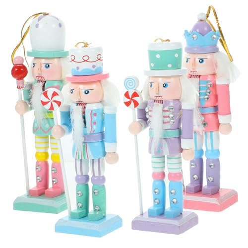 Toyvian Christmas Candy Nutcracker Ornaments, 4pcs Pink Candy Cane Wooden Pastel Nutcracker Soldier Figures Traditional Holiday Nutcrackers Christmas Tree Hanging Pendant Gift 12CM