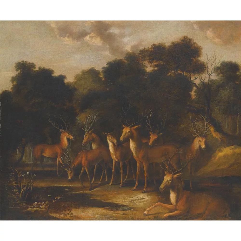French School 14x12 Black Modern Framed Museum Art Print Titled - Deer Standing in a Clearing at a Waterhole (Early 18th Century)