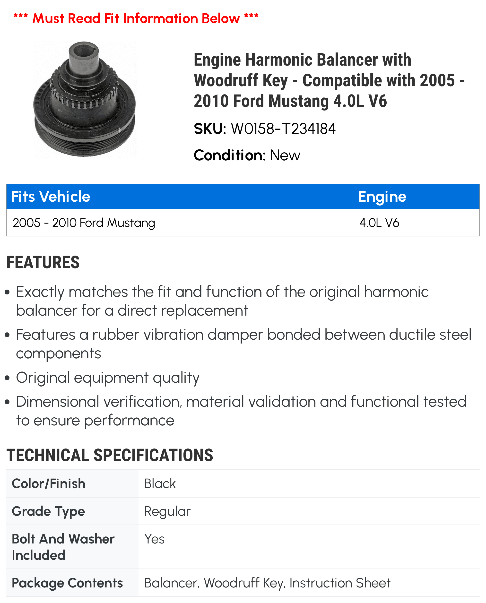 Engine Harmonic Balancer with Woodruff Key - Compatible with 2005 - 2010 Ford Mustang 4.0L V6 2006 2007 2008 2009