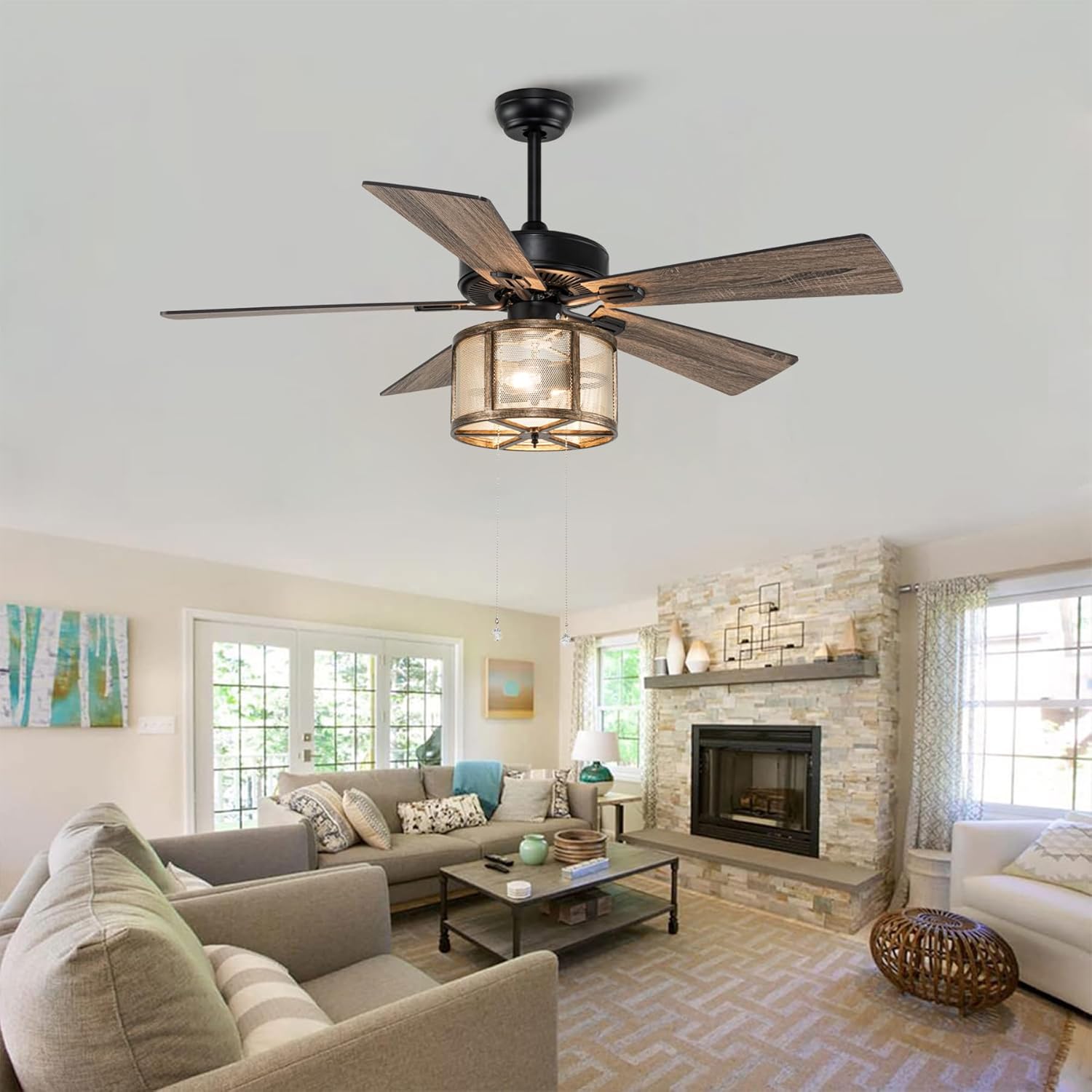 52”Farmhouse Ceiling Fan with Lights Remote Control, Caged Ceiling Fan with 5 Reverse Blades, Quiet Motor, 3 Speed Rustic Ceiling Fans for Living Room,Bedroom,Matte Black