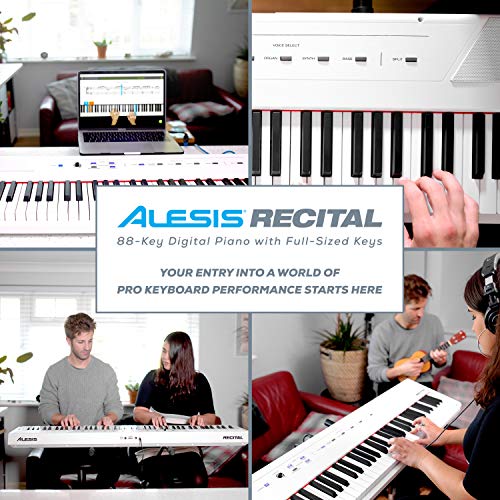 Alesis Recital – 88 Key Digital Piano Keyboard with Semi Weighted Keys, 2x20W Speakers, 5 Voices, Split, Layer and Lesson Mode, FX and Piano Lessons