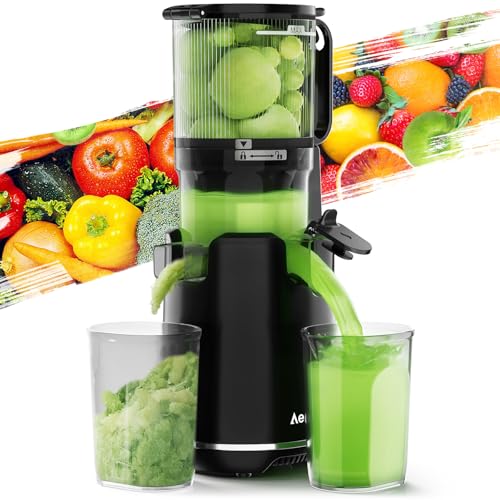 Juicer Machines,Aeitto Cold Press Juicer with 5.3“ Extra Large Feed Chute for Whole Fruits & Vegetables, Juice Extractor Machine, Self Feeding, Easy to Clean, High Juice Yield, Black