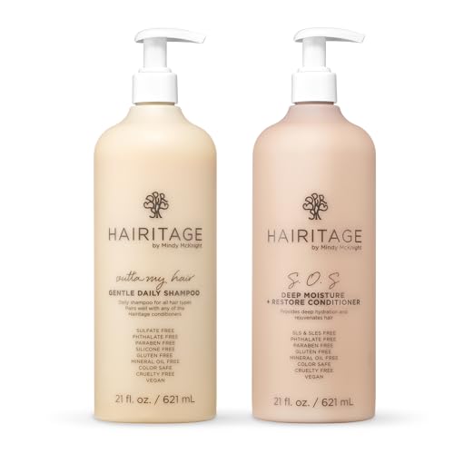 Hairitage Gentle Daily Moisture Shampoo and Conditioner Set - Split End + Bond Strengthening for Dry, Damaged Hair with Jojoba Oil - Anti-Frizz and Color Safe - Cherry + Amber Scent (21oz. 2-pack)