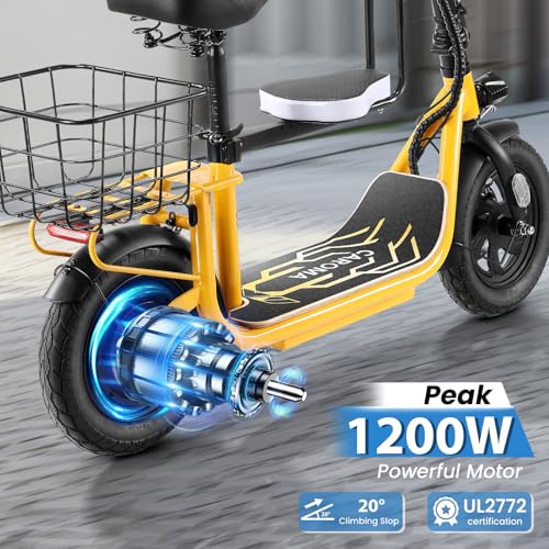 Caroma Peak 500W/800W/1200W Electric Scooter with Seat, 30 Miles Max Range Electric Scooter Adults&Teens, 48V Large Battery, 20MPH Top Speed Foldable Ebike, Adjustable E-Bike with Basket&Kid Seat