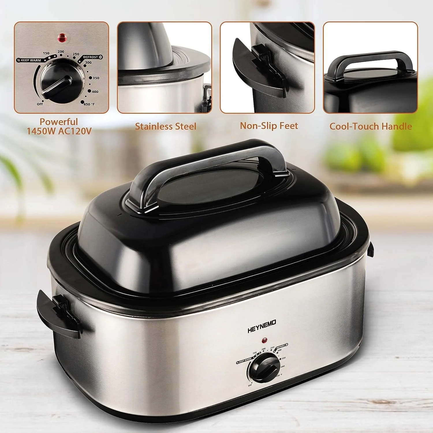 CozyHom 24 QT Electric Roaster Oven, Stainless Steel Roaster Pan with Self-Basting Lid Removable Insert Pot, Silver