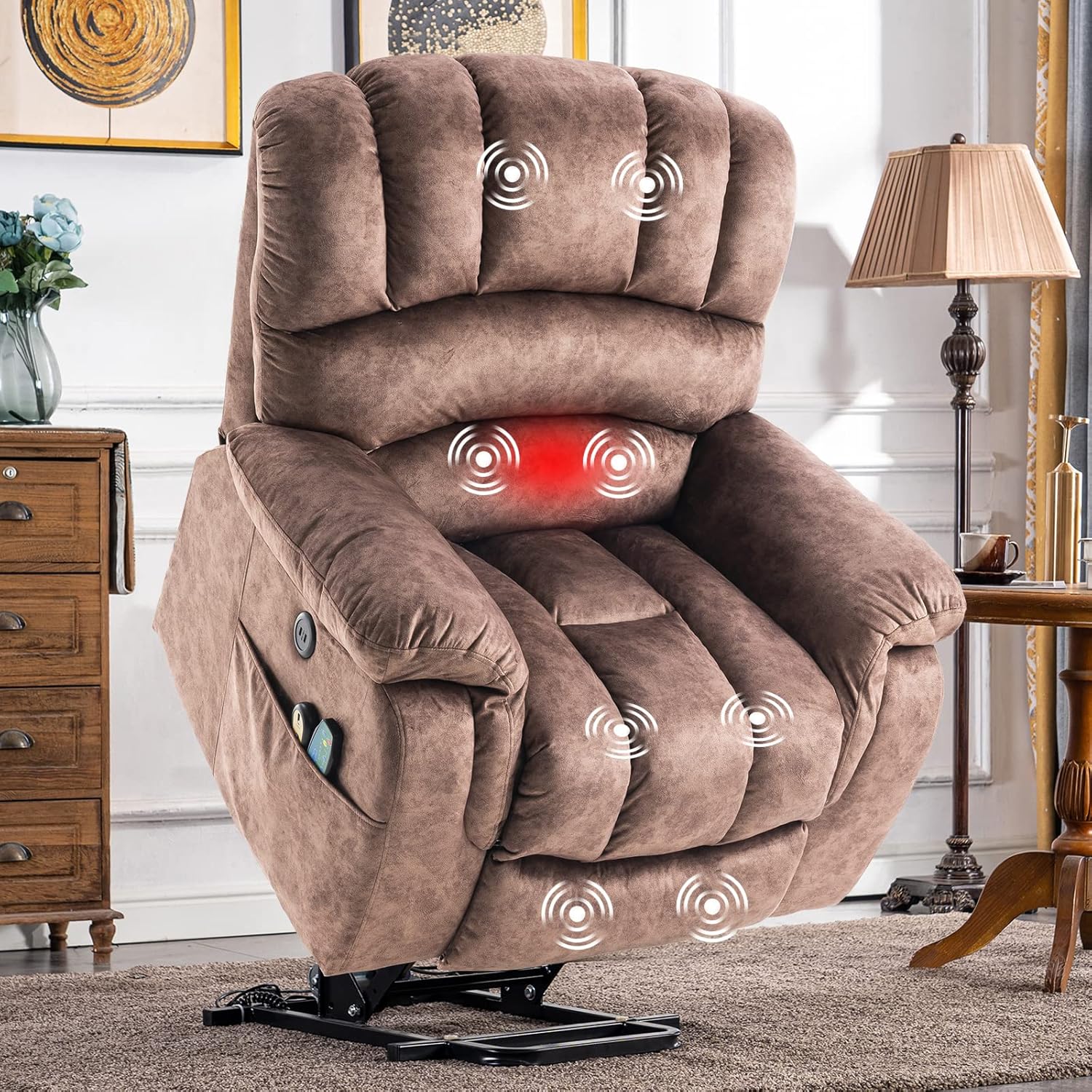 Large Electric Power Lift Recliner Chair for Elderly Big People, Heated Massage Motorized Reclining Sofa, Wide Soft Fabric Recliners with 2 Remote Controls, Side Pockets & USB Ports, Brown